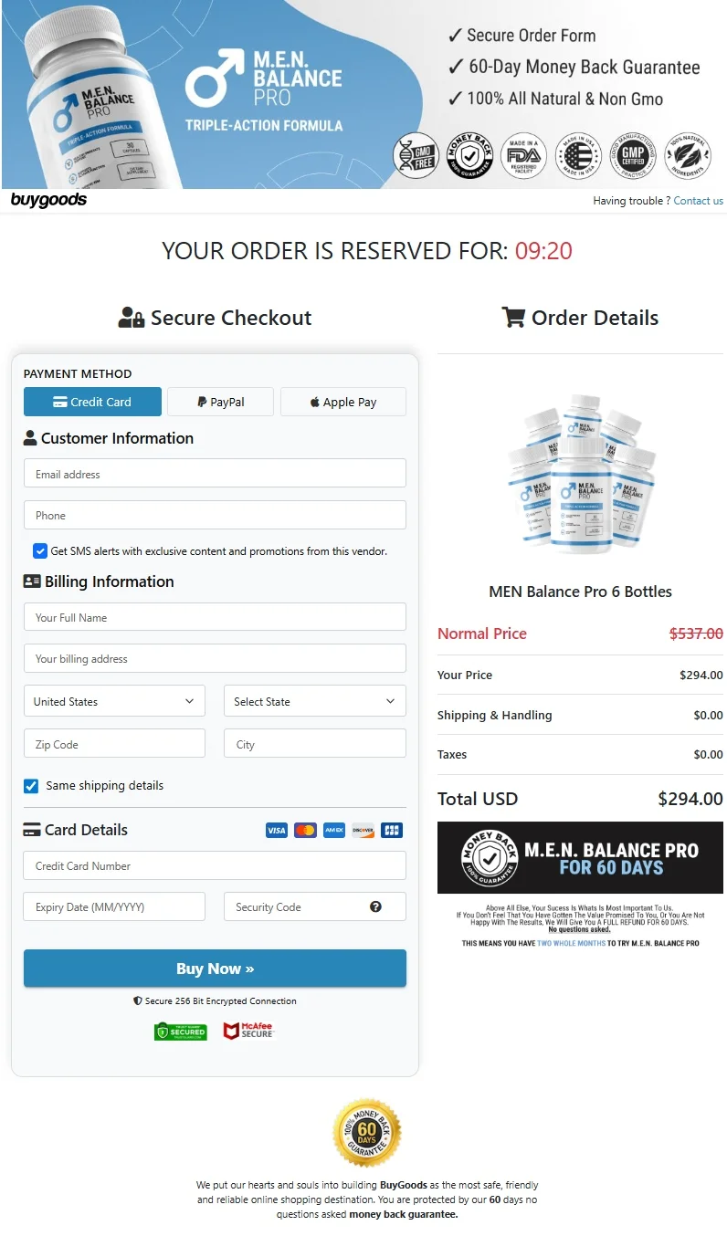 MEN Balance Pro Secure Checkout Page